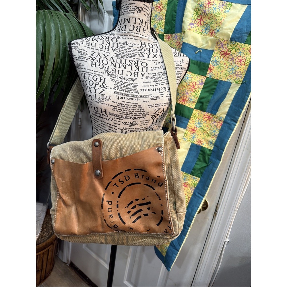 TSD BRAND TAN BROWN COTTON GENUINE LEATHER FLAP Messager SHOULDER BAG Read